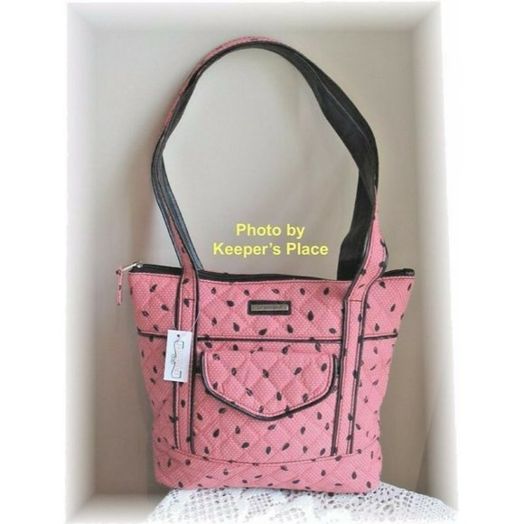 Longaberger Bag WATERMELON SEEDS Pink Black Faux Leather Trim Quilted New Tag - Picture 1 of 4